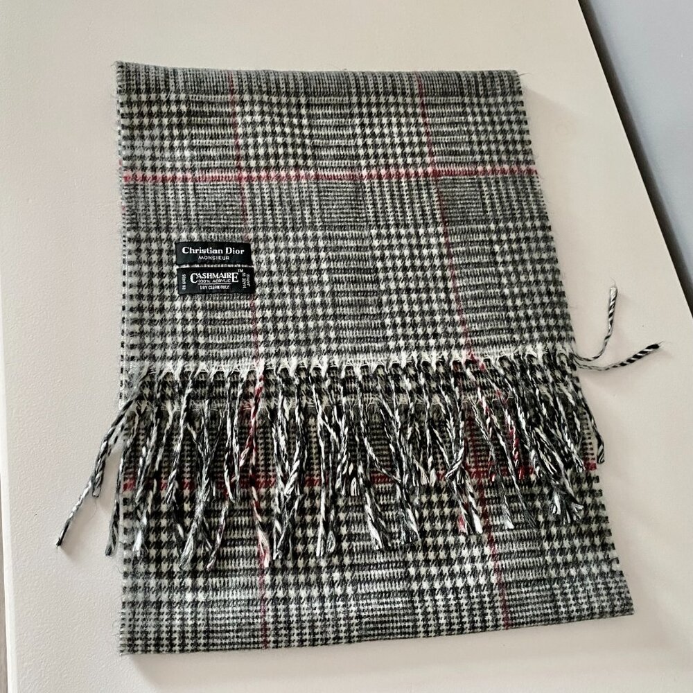 Vint. Christian Dior Preppy Heritage Work Houndstooth Fringes Scarf 54"x 11,5"